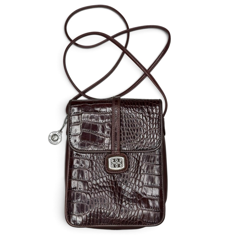 Brighton Oxblood Leather Vtg Croc Embossed Crossbody Bag Silver Buckle & Charm